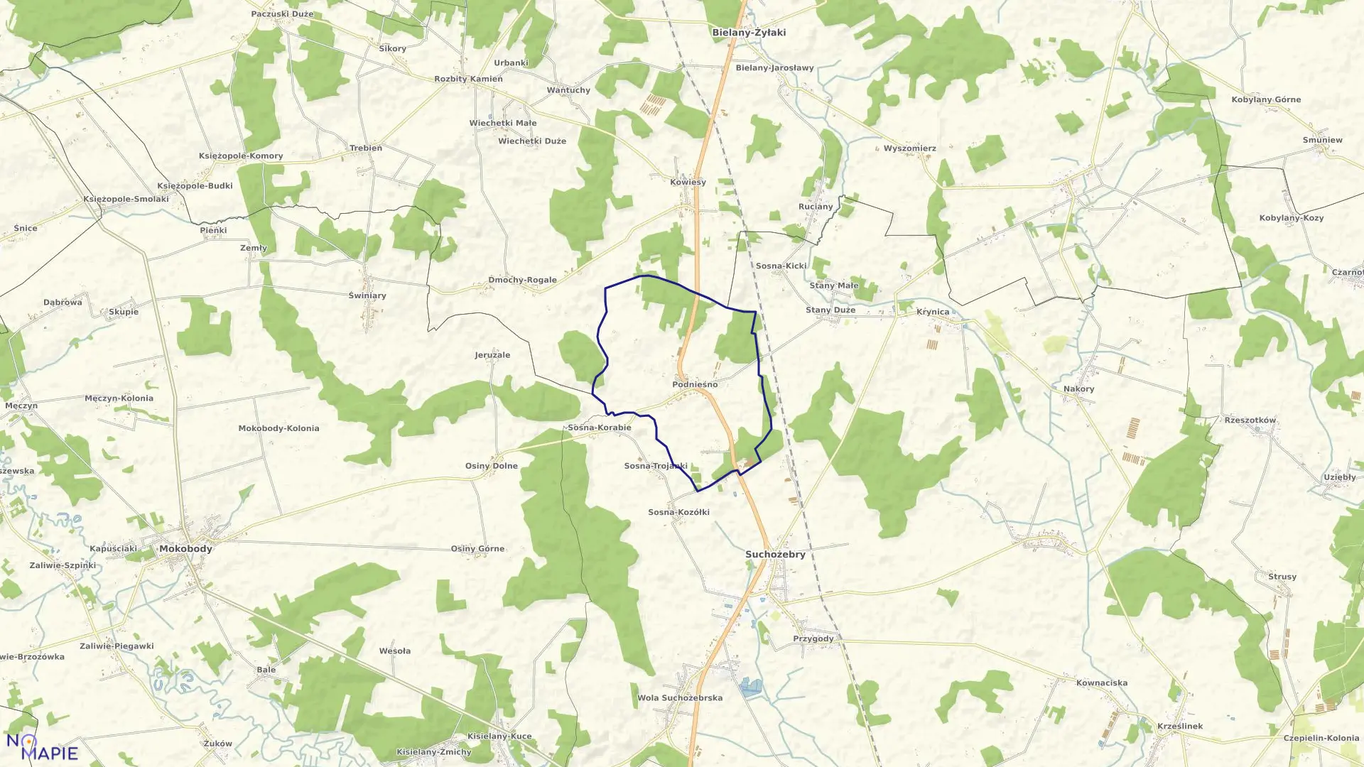 Mapa obrębu PODNIEŚNO w gminie Suchożebry